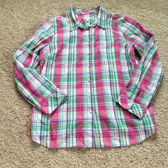 Talbot's Shirt Womens Large Button Up Top Pastel Plaid Lightweight Madras Preppy - Picture 1 of 8